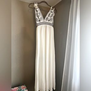 White maxi dress with navy blue detail- size medium